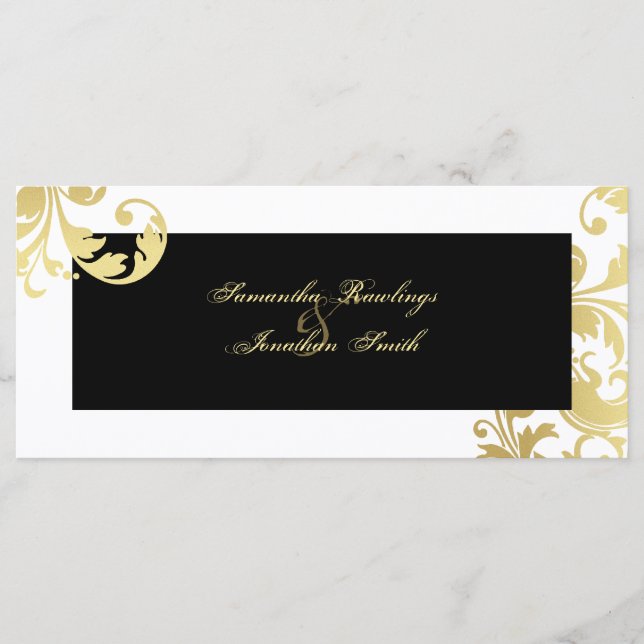 Wedding Program - Black White Gold Shimmer Floral (Front)