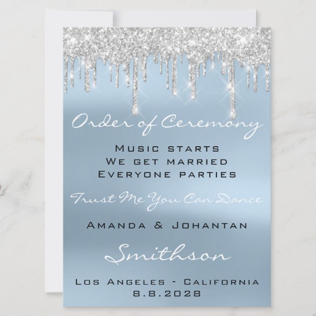 Wedding Program Blue Rose Drips Glitter Spark (Front)