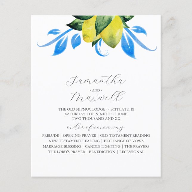 Wedding Program Botanical Lemons Leaves (Front)