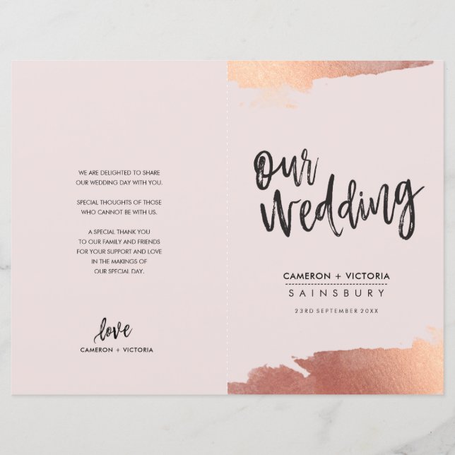 WEDDING PROGRAM brush script rose gold blush pink (Front)