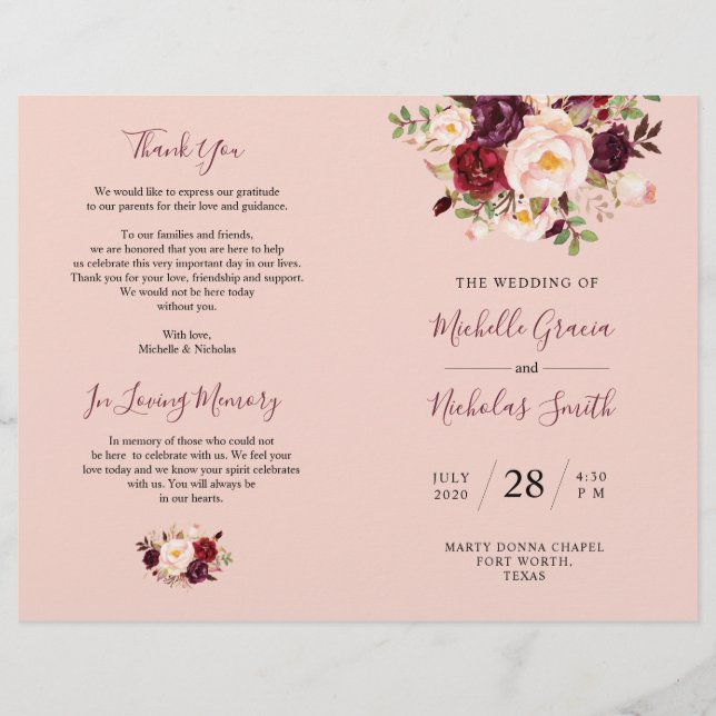Wedding Program Burgundy Blush Watercolor Floral (Front)