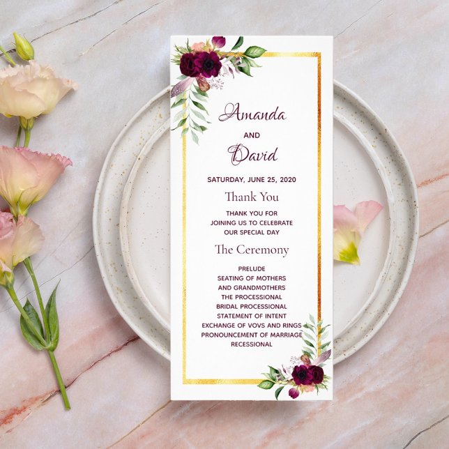 Wedding program burgundy florals white gold boho rack card (Creator Uploaded)