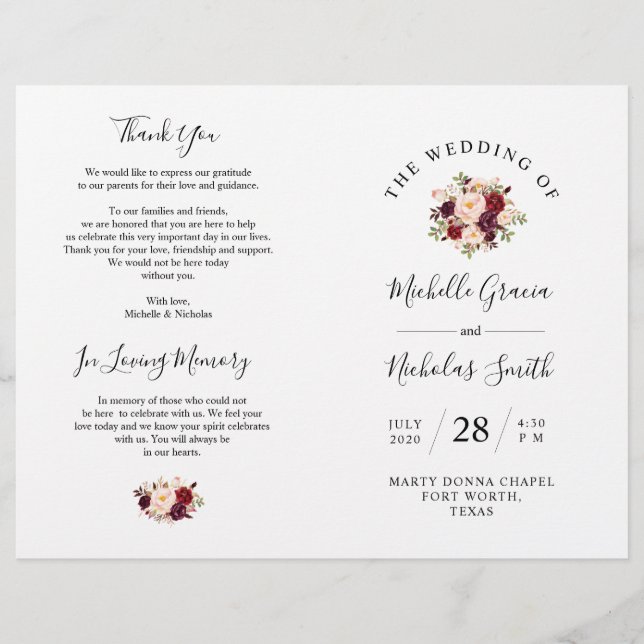 Wedding Program Burgundy Watercolor Floral, FOLD (Front)