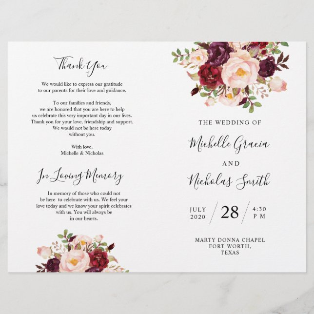 Wedding Program Burgundy Watercolor Floral, FOLD (Front)