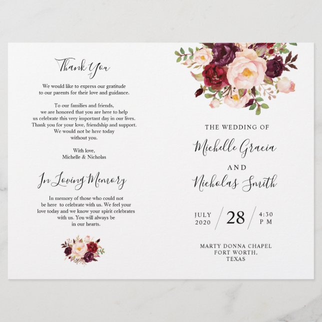 Wedding Program Burgundy Watercolor Floral, FOLD (Front)