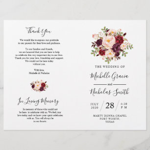 Wedding Program Burgundy Watercolor Floral, FOLD