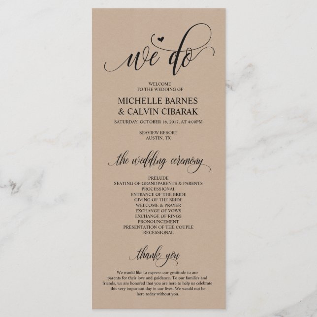 Wedding program card in modern rustic design v2 (Front)