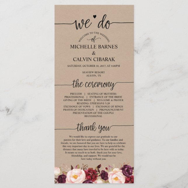 Wedding program card in rustic calligraphy design (Front)