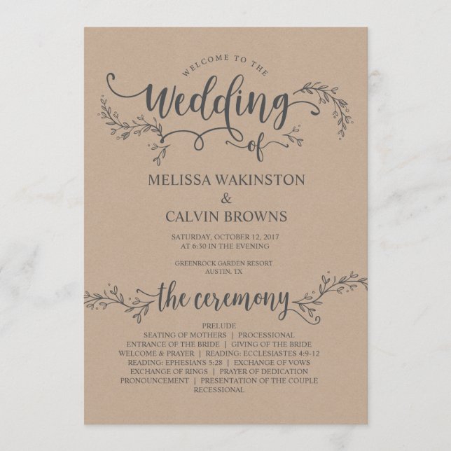 Wedding program card rustic kraft (5x7 inches) (Front)
