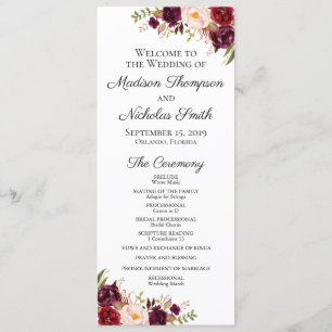 Wedding Program Cards with Marsala & Pink Flowers