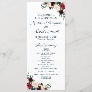 Wedding Program Cards with Navy Marsala Flowers