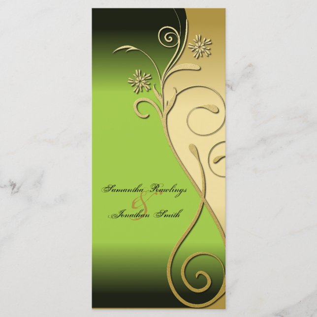 Wedding Program - Classy Green & Gold Floral Swirl (Front)