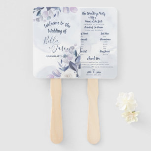 Wedding Program Cute Watercolor Dusty Blue Floral Hand Fan