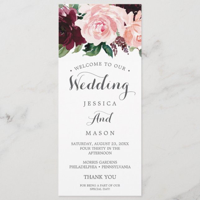 Wedding Program Double Sided Blush Burgundy (Front)