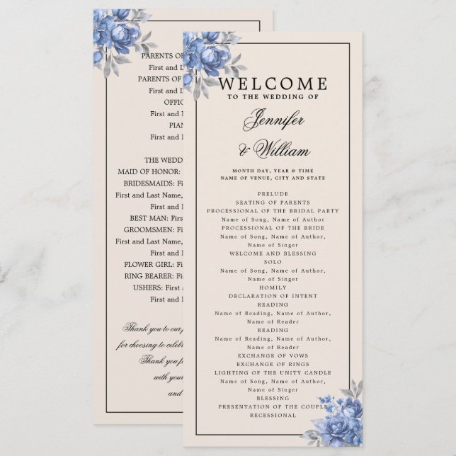 Wedding Program Dusty Blue Natural Rustic Floral (Front/Back)