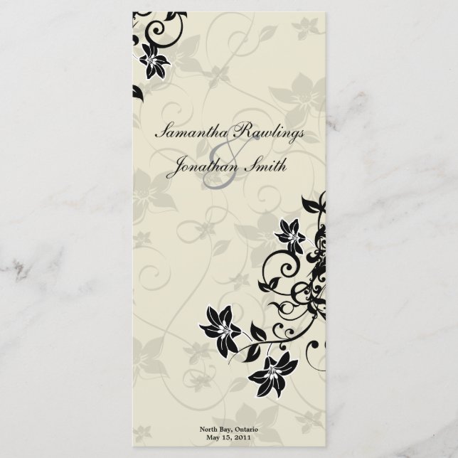Wedding Program - Elegant Black & Ivory Floral (Front)