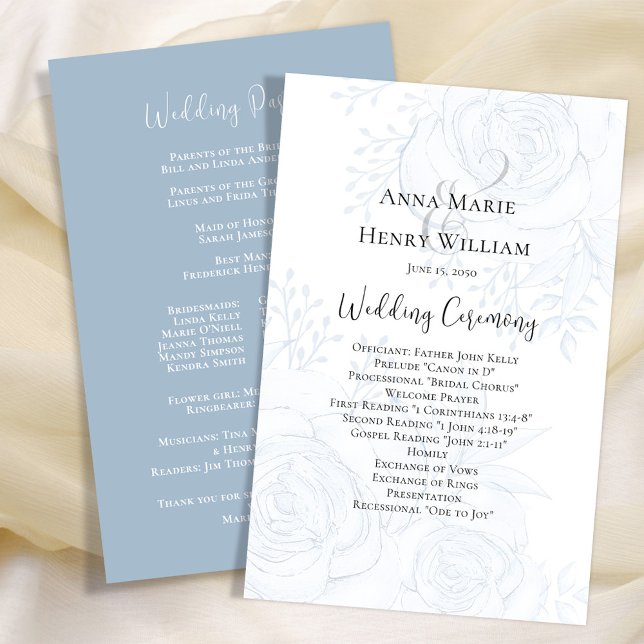 Wedding Program Elegant Blue Floral Script (Blue floral wedding ceremony paper sheet program with a dusty blue background. )