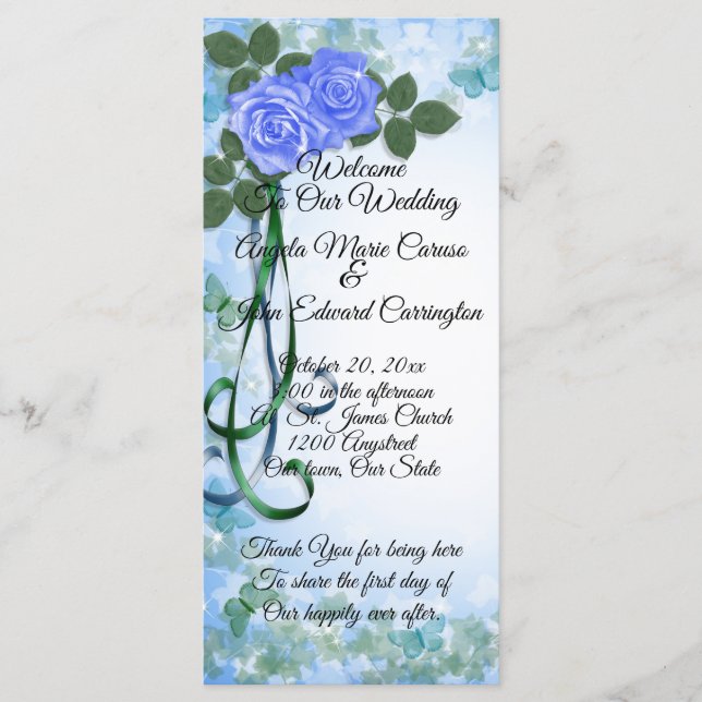 Wedding Program elegant Blue Roses teal ribbon (Front)
