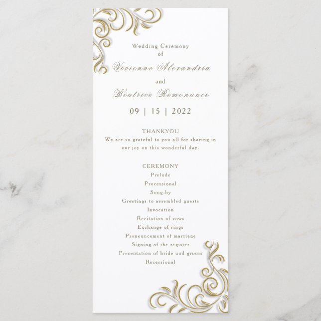 Wedding program elegant gold scroll border (Front)