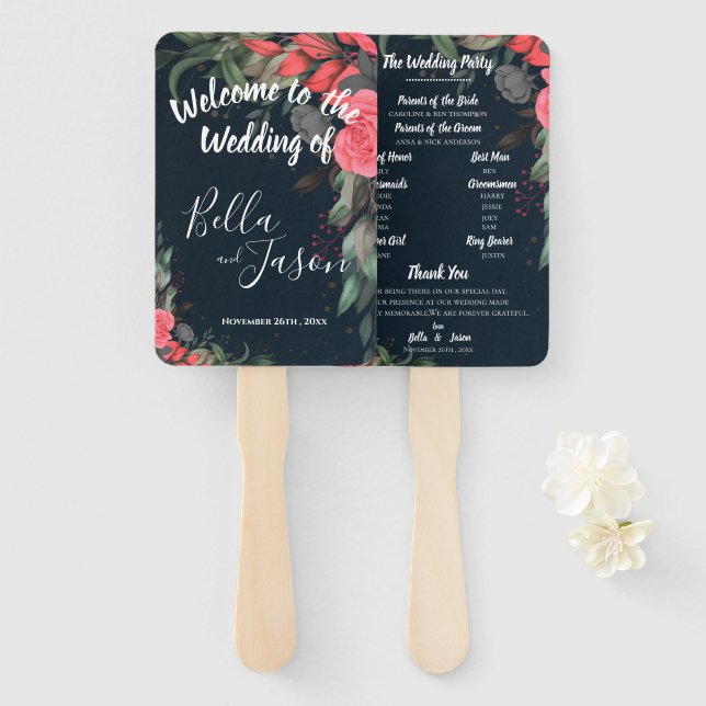 Wedding Program Elegant Peach Orange Floral  Hand Fan (Front and Back)