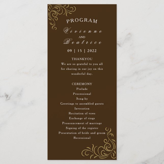 Wedding program elegant rustic gold scroll (Front)