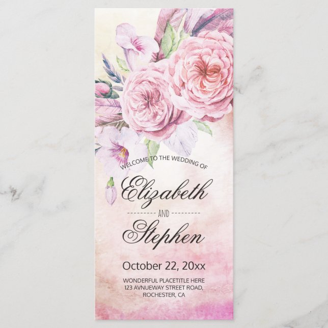 Wedding Program Elegant Watercolor Floral Feathers (Front)