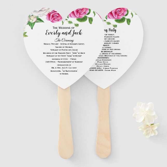 Wedding Program Fan Floral Pink Roses (Front and Back)