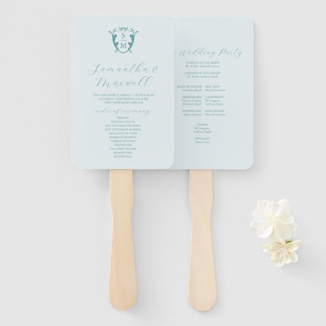Wedding Program Fan Pale Blue Classic Monogram (Front and Back)