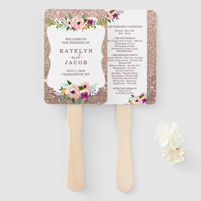 Wedding Program Fan Rose Gold Floral Glitter Fab (Front and Back)