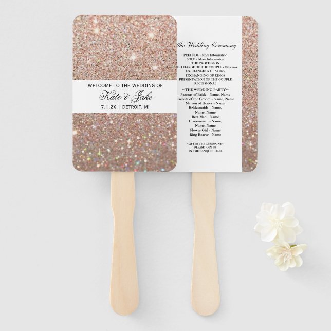 Wedding Program Fan - Rose Gold Glitter Fab (Front and Back)