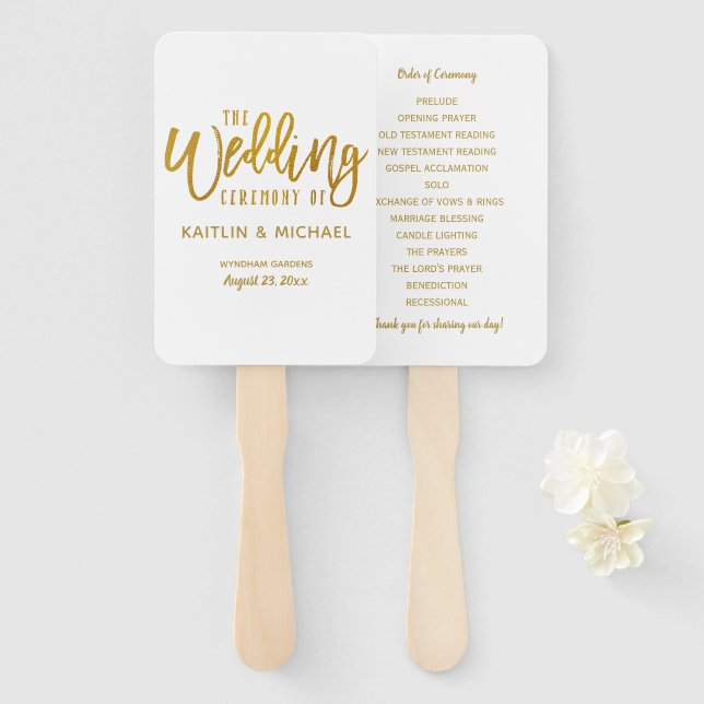 Wedding Program Fans | Brush Script-Faux Gold Foil (Front and Back)