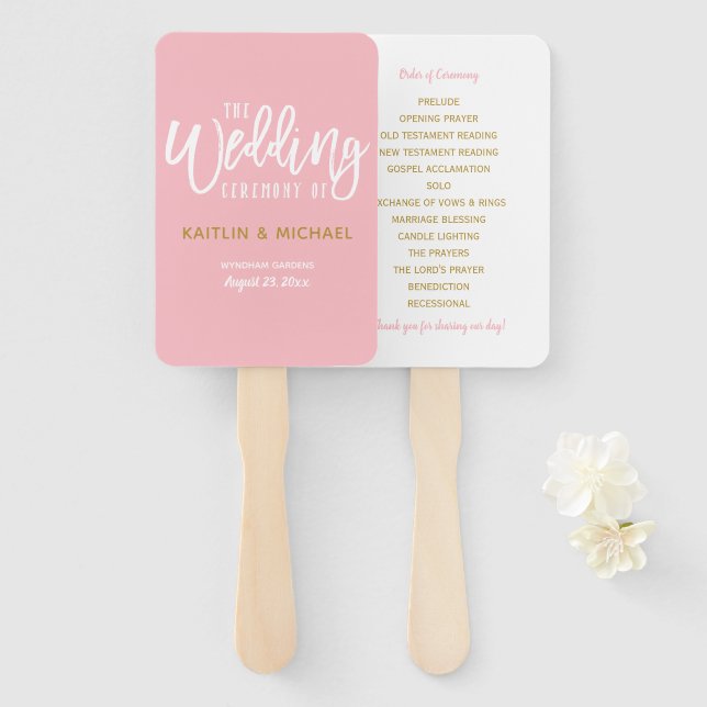 Wedding Program Fans | Brush Script (Pink & Gold) (Front and Back)