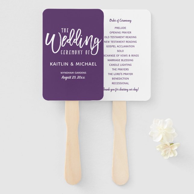 Wedding Program Fans | Brush Script (Plum -Purple) (Front and Back)