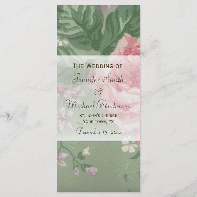 Wedding Program for Green and Pink Rose Wedding (Front)