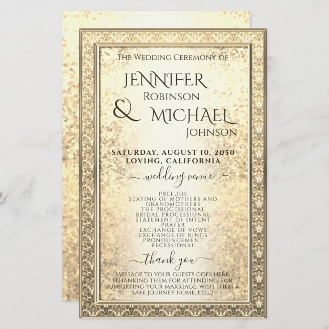 Wedding Program | Glam Gold Glitter Look (Front/Back)
