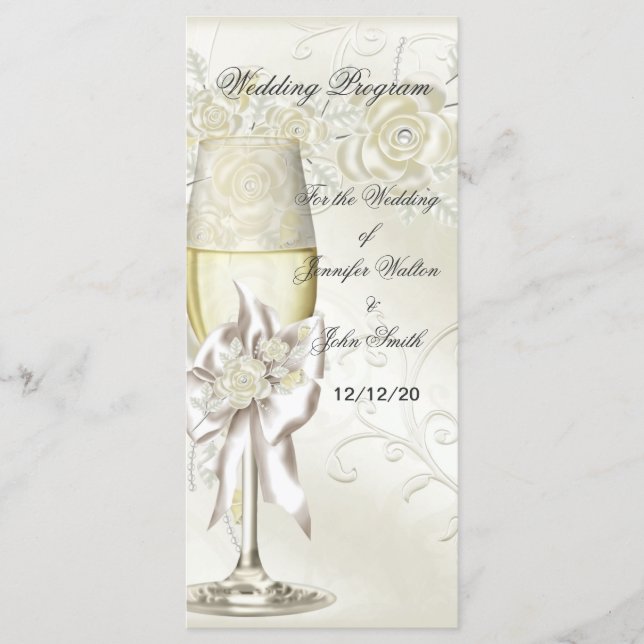 Wedding Program Gold Cream Pearl Floral Roses (Front)