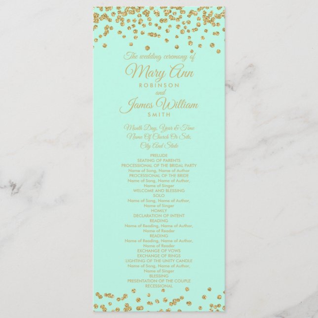 Wedding Program Gold Faux Glitter Confetti Mint (Front)