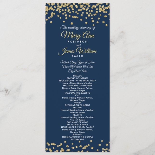 Wedding Program Gold Faux Glitter Confetti Navy (Front)