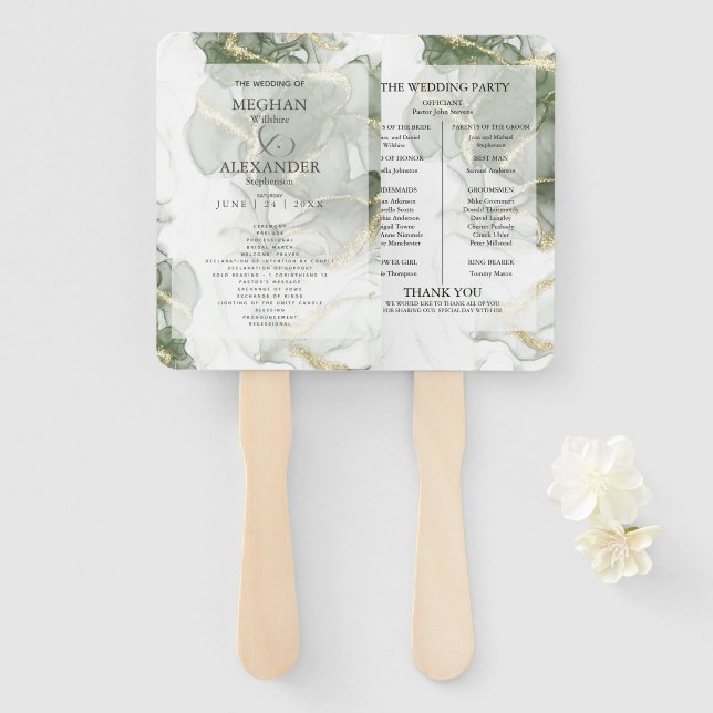 Wedding Program | Gold Muted Sage Green Ink Hand Fan (Front and Back)