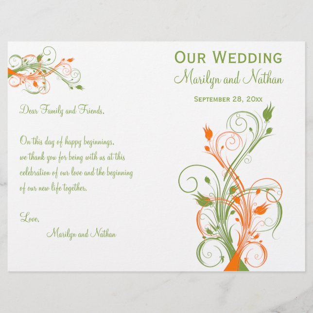 Wedding Program | Green Orange White| Floral (Front)