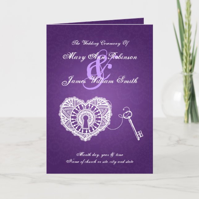 Wedding Program Key To My Heart Purple (Front)