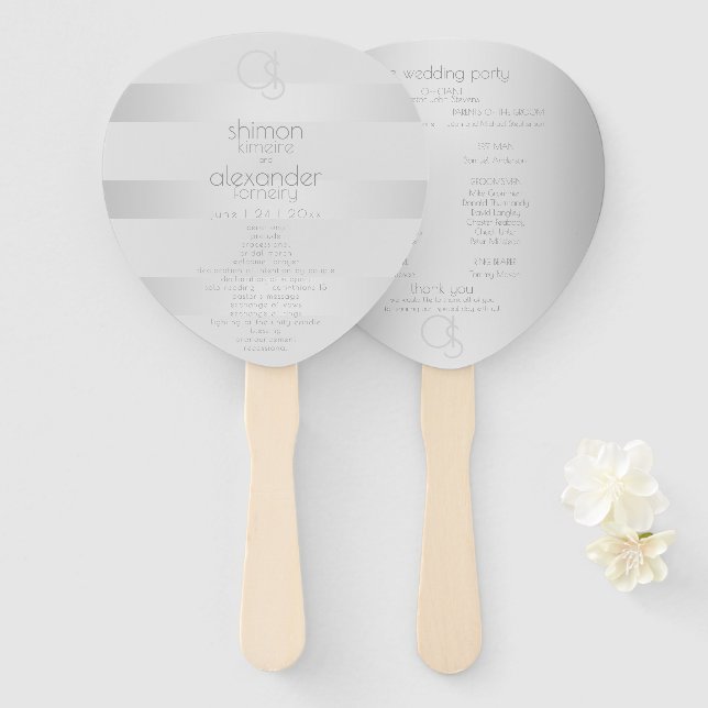 Wedding Program Luminous Silver Stripes Monogram Hand Fan (Front and Back)