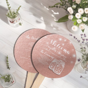 Wedding Program Mason Jars String Lights Rose Gold Hand Fan