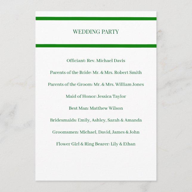 Wedding Program Minimalist Green Border Card (Front)