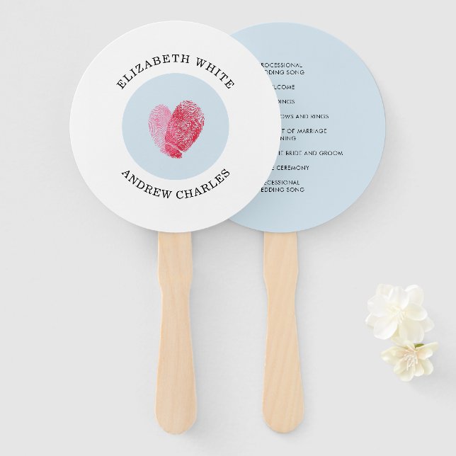 WEDDING PROGRAM modern cute fingerprint heart blue Hand Fan (Front and Back)