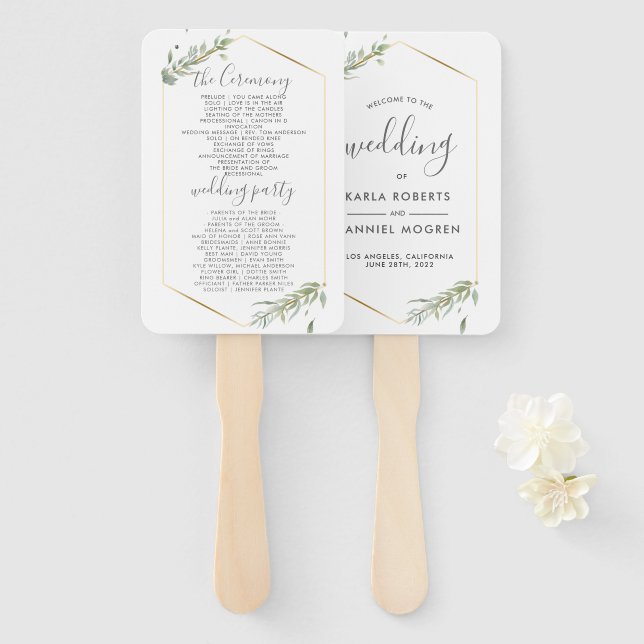 Wedding Program-Modern Gold & Foliage Frame Hand Fan (Front and Back)