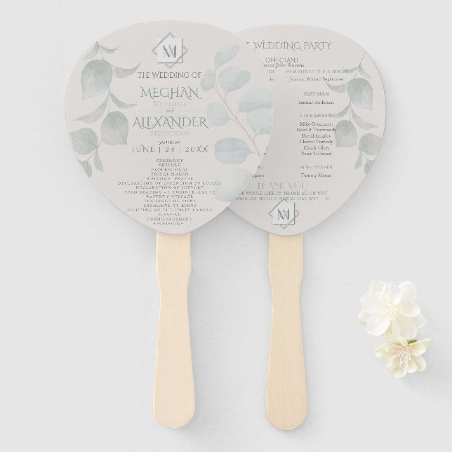 Wedding Program | Modern Monogram Geometric Beach Hand Fan (Front and Back)