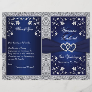 Wedding Program Navy, Silver Floral, Hearts