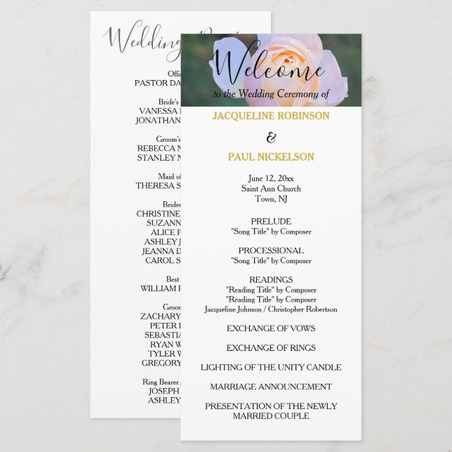 Wedding Program Pastel Pink Roses Gold NAMES (Front/Back)