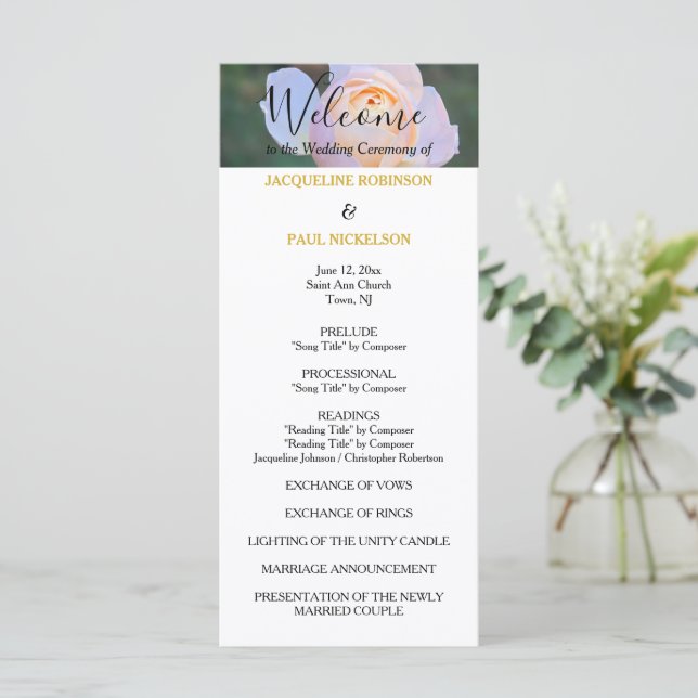 Wedding Program Pastel Pink Roses Gold NAMES (Standing Front)